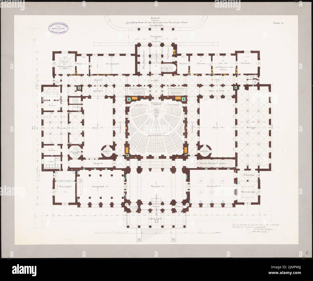 Rowald Paul (1850-1920), bâtiment commercial pour le manoir prussien, Berlin (20.08.1878): Grundriss EG. Tuche aquarelle sur la boîte, 59 x 71,2 cm (y compris les bords de balayage) Rowald Paul (1850-1920): Geschäftshaus für das Preußische Herrenhaus, Berlin Banque D'Images