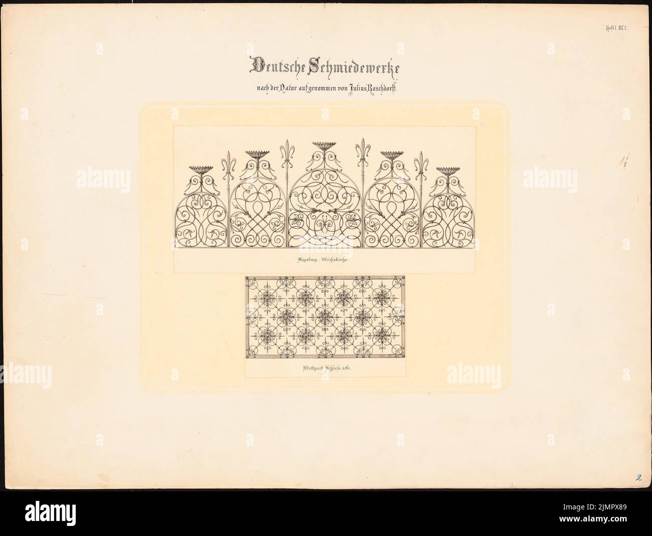 Raschdorff Julius (1823-1914), Saint-Ulrich à Augsbourg. Château de Stuttgart. (Pour une publication des ouvrages de forge allemands) (1875): Constatations 1:12. Tusche aquarelle sur la boîte, 47,8 x 63,4 cm (y compris les bords de balayage) Raschdorff Julius (1823-1914): St. Ulrich, Augsbourg. Schloss, Stuttgart. (Für eine Veröffentlickung der Deutschen Schmiedewerke) Banque D'Images