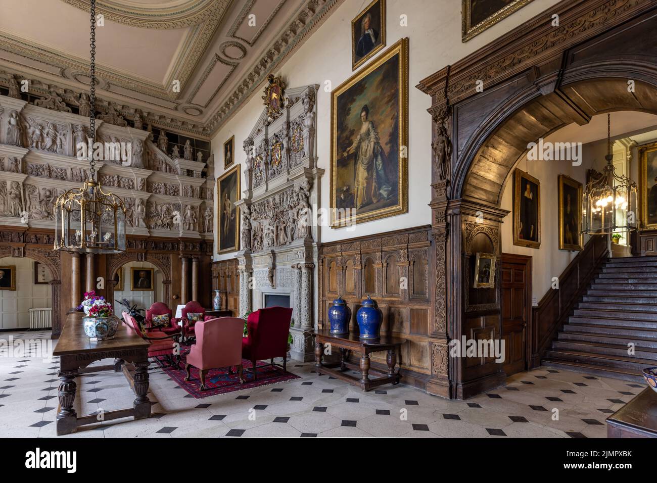 Grande salle à Burton Agnes Hall, superbe manoir élisabéthain du 17th siècle dans l'East Riding of Yorkshire, Angleterre, Royaume-Uni Banque D'Images