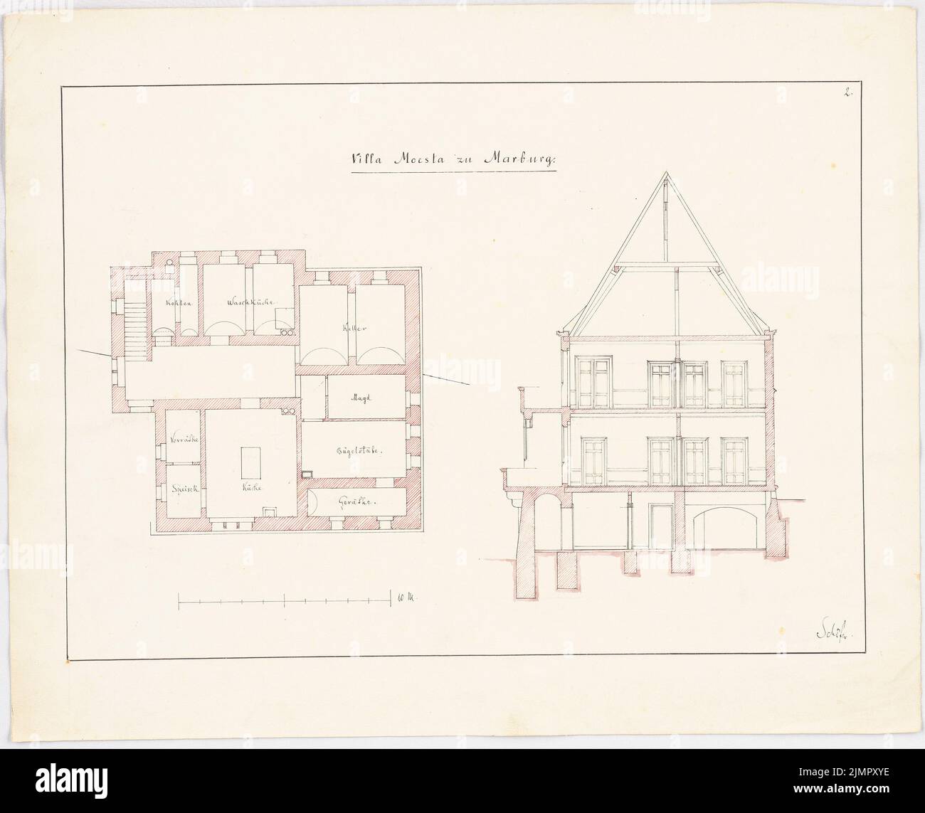 Schäfer Carl (1844-1908), Villa moesta, Marburg (1876): Grundriss KG, coupe transversale. Encre, encre colorée sur carton, 47 x 58 cm (y compris les bords de balayage) Schäfer Carl (1844-1908): Villa moesta, Marburg Banque D'Images