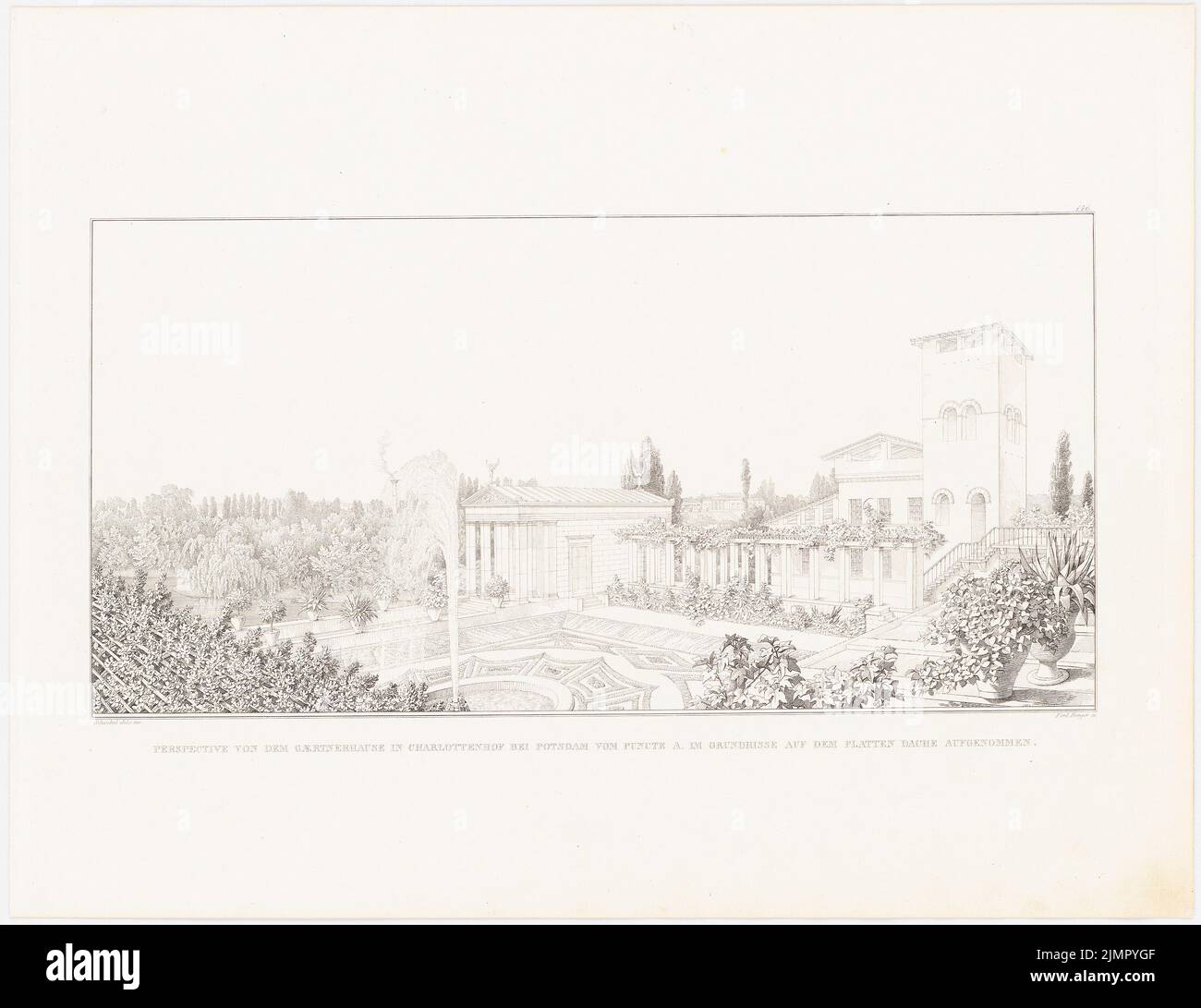 Schinkel Karl Friedrich (1781-1841), collection de dessins architecturaux, Berlin 1858. Gärtnerhaus dans le château de Charlottenhof (1829): Vue en perspective du point A dans le plan d'étage. Couture sur papier, 41,7 x 54,1 cm (y compris les bords de balayage) Schinkel Karl Friedrich (1781-1841): Sammlung Architektonischer Entwürfe, Berlin 1858. Gärtnerhaus im Schloss Charlottenhof, Potsdam Banque D'Images