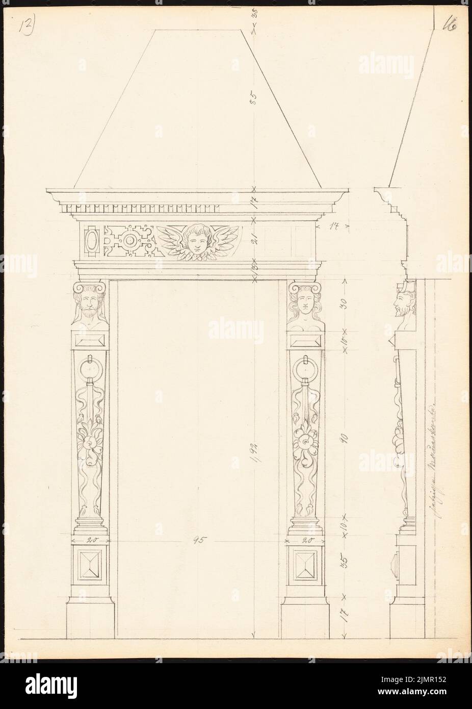 Lehmgrübner Paul (1855-1916), hôtel de ville de Hannoversch Münden (1898): Niche (cheminée?), vue et profil. Crayon sur la boîte, 35,4 x 25,2 cm (y compris les bords du scan) Lehmgrübner Paul (1855-1916): Rathaus, Hann. Münden Banque D'Images