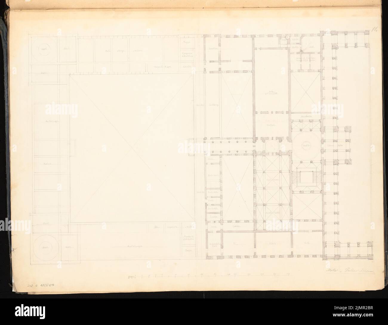 Architecte inconnu, Academy of Arts. Concours Schinkel 1855 (1855): Plan d'étage à l'étage supérieur; bar à échelle. Tuche aquarelle sur la boîte, 59 x 76,7 cm (y compris les bords de numérisation) N.N. : Akademie der Künste. Schinkelwettbewerb 1855 Banque D'Images