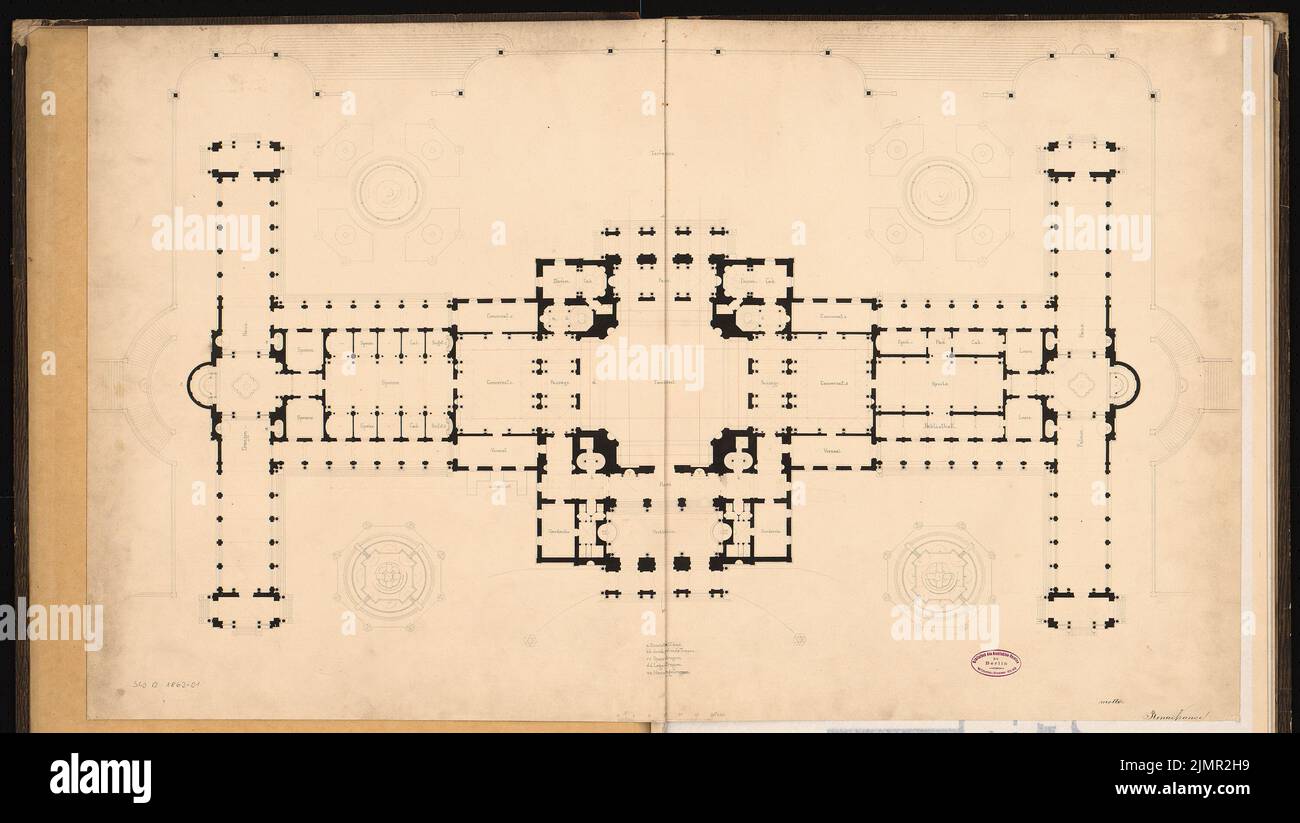 Heyden Adolf (1838-1902), Kurhaus. Concours Schinkel 1863 (1863): Plan d'étage rez-de-chaussée. Encre sur carton, 60,7 x 107,7 cm (y compris les bords de numérisation) Heyden Adolf (1838-1902): Kurhaus. Schinkelwettbewerb 1863 Banque D'Images