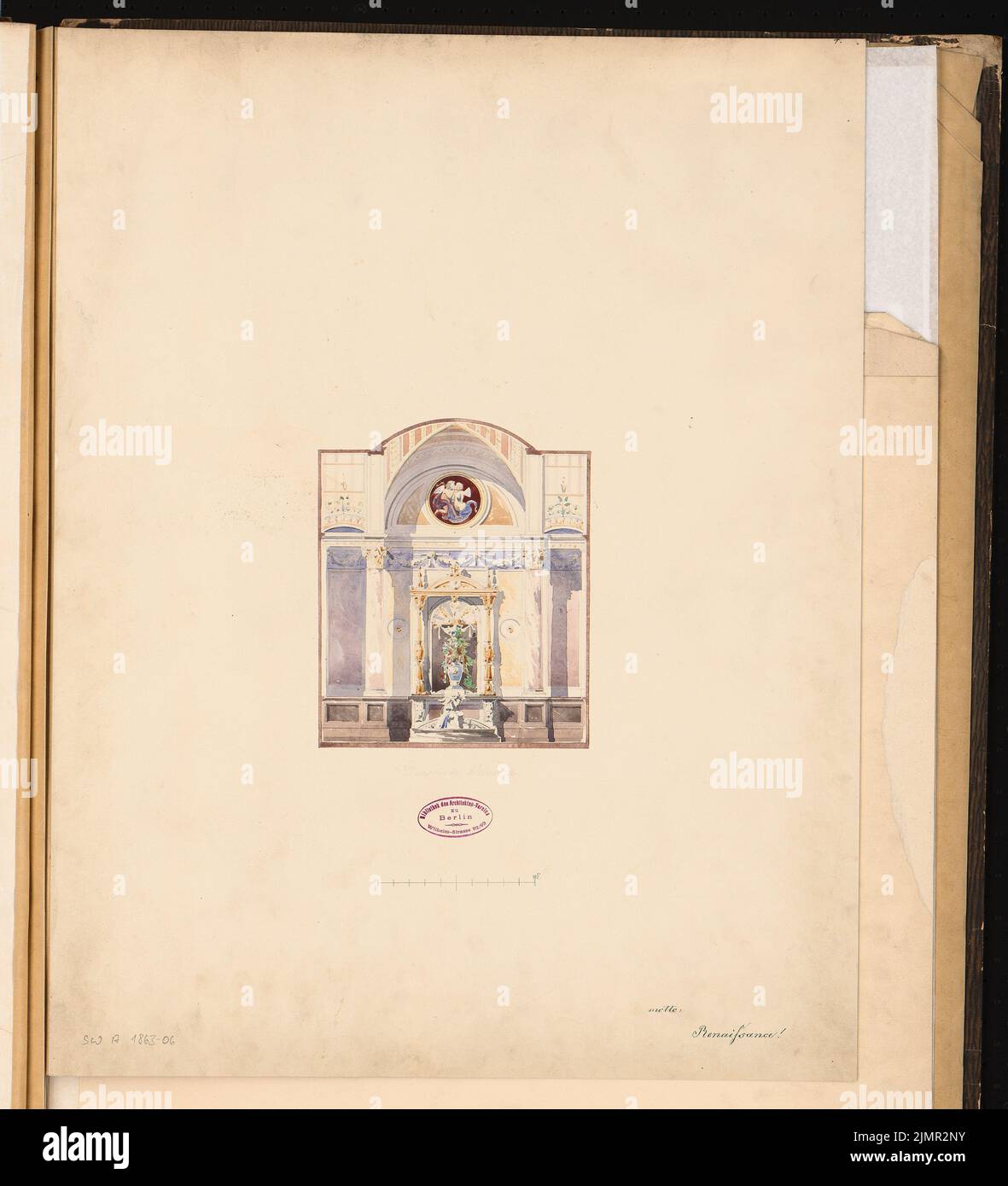 Heyden Adolf (1838-1902), Kurhaus. Concours Schinkel 1863 (1863): Décoration murale; bar à échelle. Tuche aquarelle sur la boîte, 61,2 x 55,7 cm (y compris les bords de balayage) Heyden Adolf (1838-1902): Kurhaus. Schinkelwettbewerb 1863 Banque D'Images