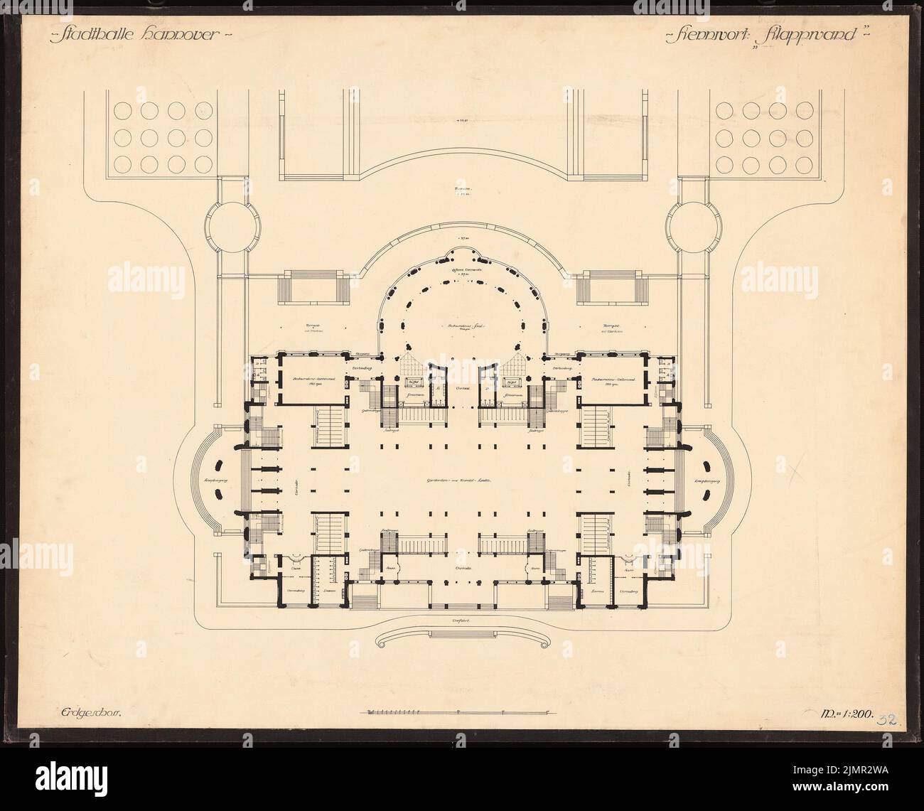 Schmitz Bruno (1858-1916), mairie et salle d'exposition à Hanovre (1910): Stadthalle: Grundriss EG 1: 200. Encre sur papier, 83,3 x 102,9 cm (y compris les bords de numérisation) Schmitz Bruno (1858-1916): Stadthalle und Ausstellungshalle, Hanovre Banque D'Images