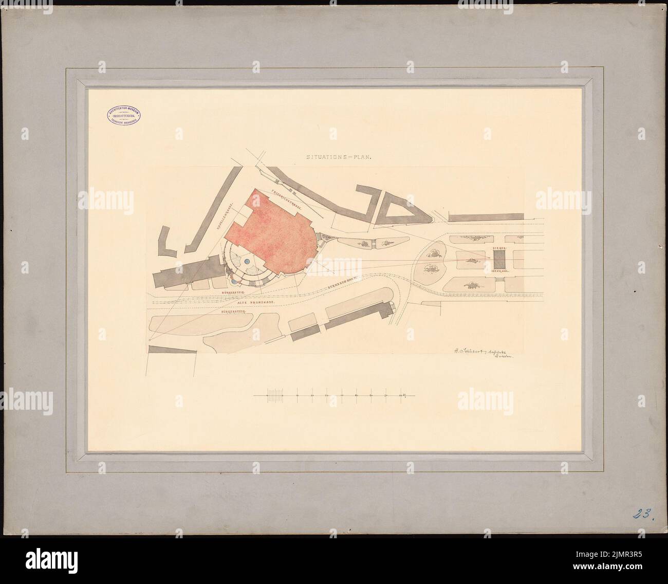 Schubert Heinrich, théâtre de la ville de Halle/Saale. projet 2nd (1884) : plan du site. Encre, couleur encre, aquarelle sur carton, 73 x 90,6 cm (y compris les bords de balayage) Schubert Heinrich : Stadttheater, Halle/Saale. 2. Projekt Banque D'Images