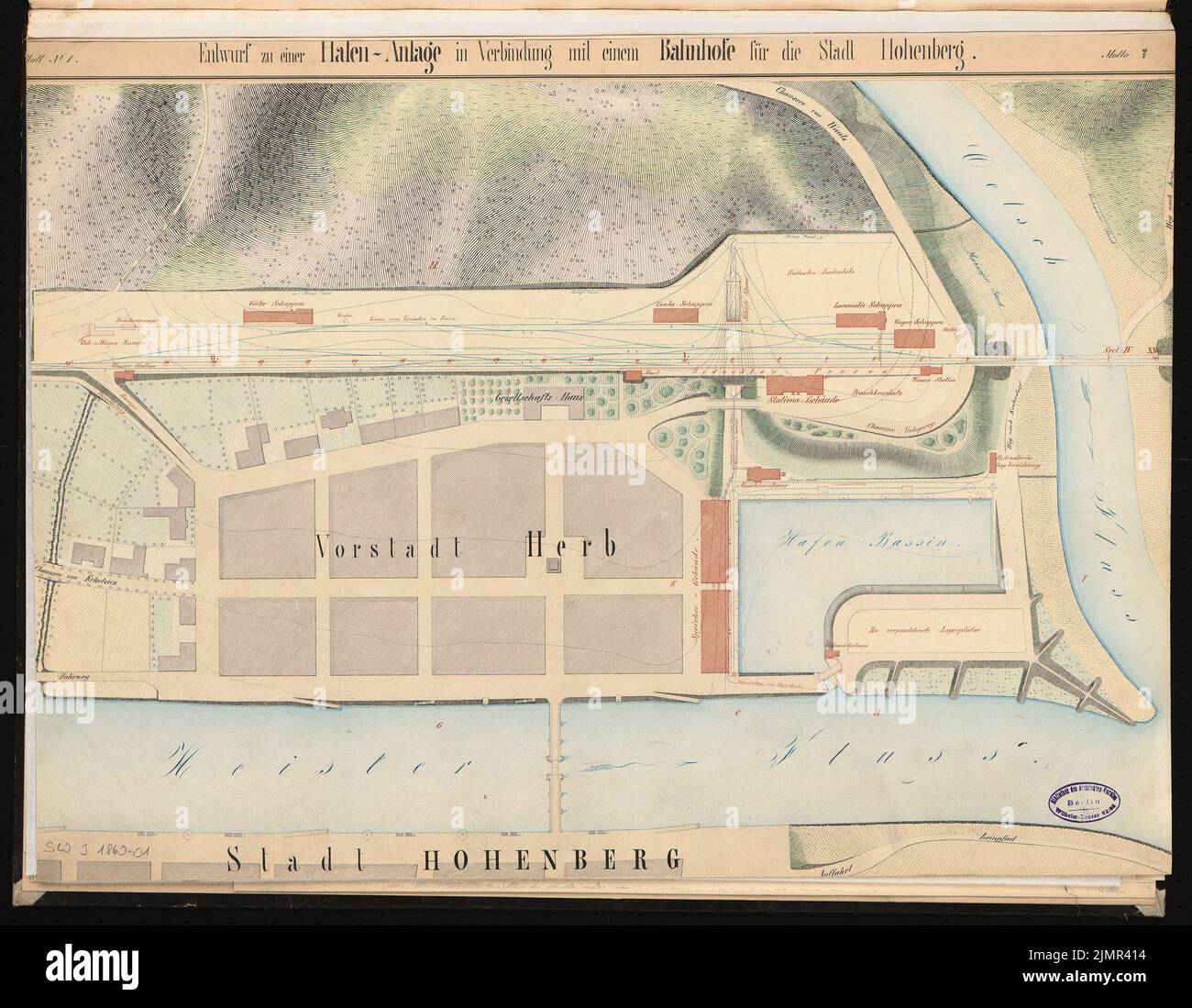 Dreling Franz, gare avec port fluvial. Concours Schinkel 1860 (1860): Plan du site. Tuche aquarelle sur la boîte, 49,7 x 64 cm (y compris les bords de balayage) Dreling Franz : Bahnhof mit Flusshafen. Schinkelwettbewerb 1860 Banque D'Images