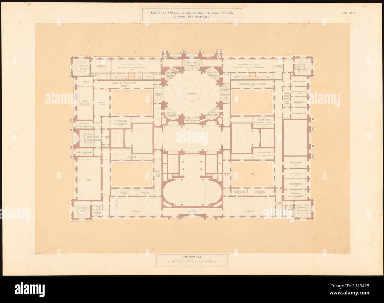 Löw Wilhelm von, Reichstag, Berlin. Deuxième compétition (1882): Plan d'étage, étage supérieur, 1: 200. Tuche aquarelle sur la boîte, 76,7 x 106,4 cm (y compris les bords de balayage) Löw Wilhelm von : Reichstag, Berlin. Zweiter Wettbewerb Banque D'Images