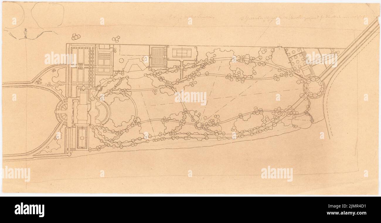 Barth Erwin (1880-1933), Lindenhof Lindenhof à Warnsdorf près de Travemünde (1910-1910): Jardin du pays siège dans le plan d'étage avec le réglage des axes visuels (section de la plaque ronde de Inv.-No 40551), 1: 1000, esquisse secondaire d'un Gelä. Crayon sur une pause sur la boîte, 25,4 x 49,1 cm (y compris les bords de balayage) Barth Erwin (1880-1933): Landsitz Lindenhof, Warnsdorf Banque D'Images