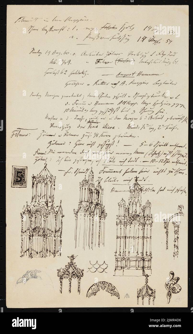 Quast Ferdinand von (1807-1877), brochure d'orgue à Neuruppin (?) (08/19/1860): Vue de l'attachement de l'organe, de nombreux détails Sädelornatik et texte étendu, partiellement dialogue. Crayon et encre sur papier, 34,6 x 21,5 cm (y compris les bords de numérisation) Quast Ferdinand von (1807-1877): Orgelprospekt Banque D'Images