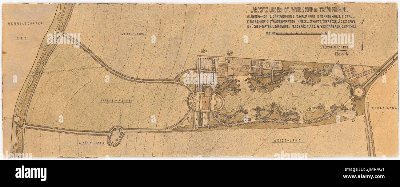 Barth Erwin (1880-1933), Lindenhof bureau de pays à Warnsdorf près de Travemünde (08,1910): Jardin et zone environnante du siège de pays dans le siège d'étage avec lignes d'altitude et dessin des axes visuels 1: 1000, barre d'échelle, désignation des parties individuelles,. Tusche et crayon de couleur aquarelle sur une pause sur la boîte, 31,4 x 78,5 cm (y compris les bords de balayage) Barth Erwin (1880-1933): Landsitz Lindenhof, Warnsdorf Banque D'Images