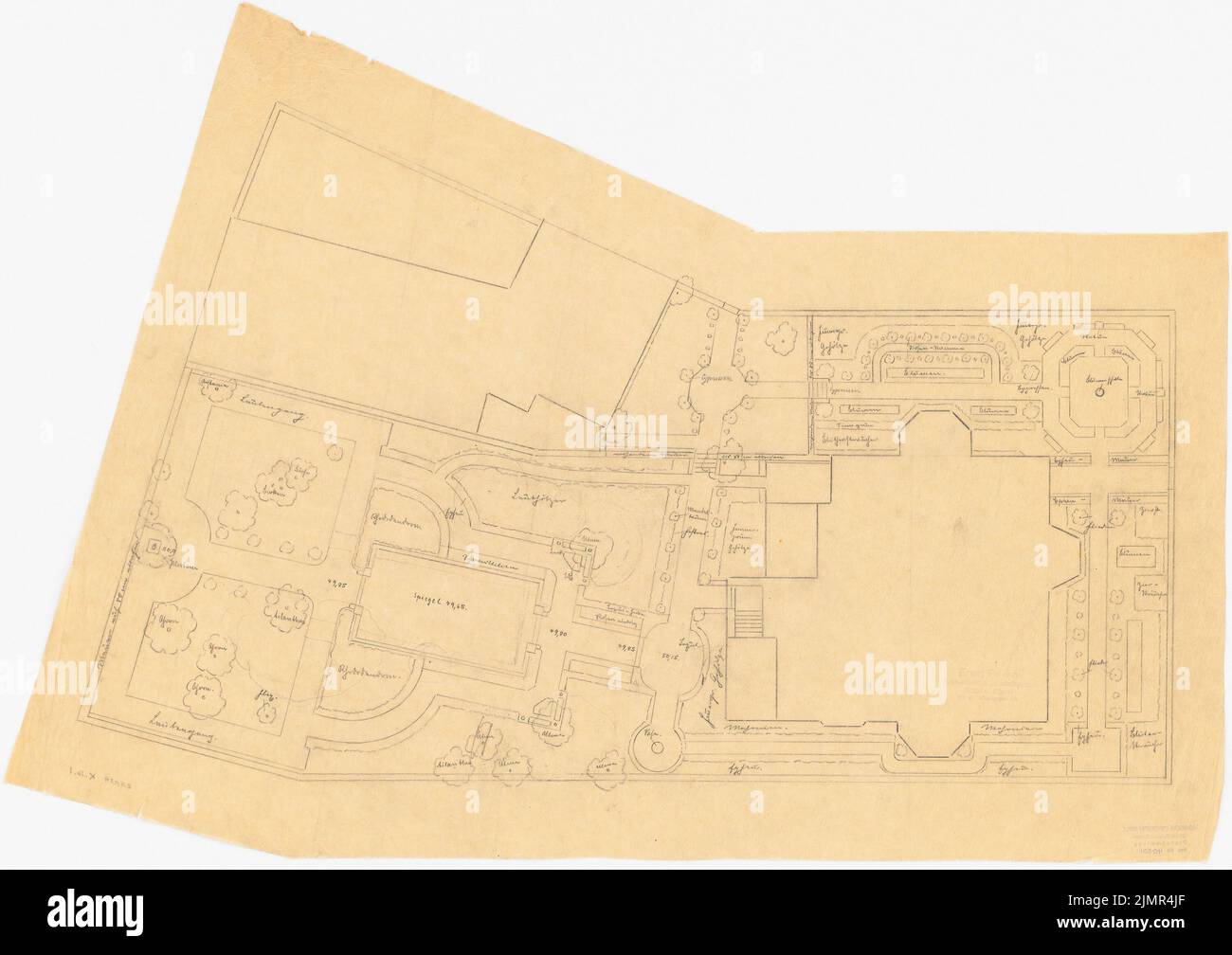 Barth Erwin (1880-1933), Villengarten (1907): Plan d'étage du jardin de la villa avec la désignation des parties. Crayon sur transparent, 56,2 x 79,5 cm (y compris les bords de balayage) Barth Erwin (1880-1933): Villengarten Banque D'Images