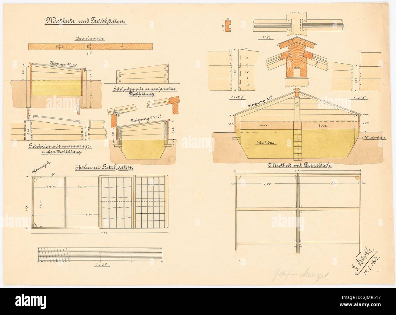 Barth Erwin (1880-1933), lits de fumier et boîtes de dérivation (15 janvier 1902): Boîte de réglage de Hölzerne dans les vues et les vues partielles (avec 2 versions du revêtement), plan de coupe et plan de sol 1:25, versions détaillées et discount. Tuche aquarelle sur la boîte, 36,3 x 49,9 cm (y compris les bords de balayage) Barth Erwin (1880-1933): Mistbeete und Treibkästen Banque D'Images