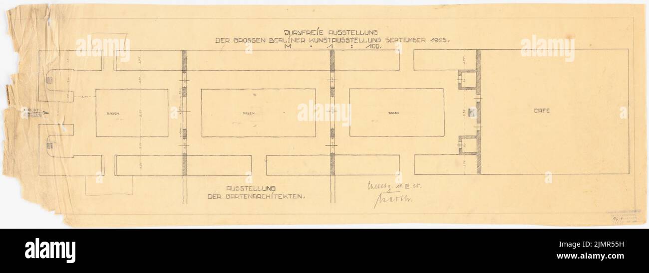 Barth Erwin (1880-1933), zones d'exposition des architectes de jardin sur la grande exposition d'art de Berlin (10.08.1925): Zones d'exposition dans le plan d'étage, avec pelouses et cloisons 1: 100. Crayon sur transparent, 30,8 x 87,1 cm (y compris les bords de balayage) Barth Erwin (1880-1933): Ausstellungsflächen der GartenArchitecekten auf der Großen Berliner Kunstausstellung Banque D'Images