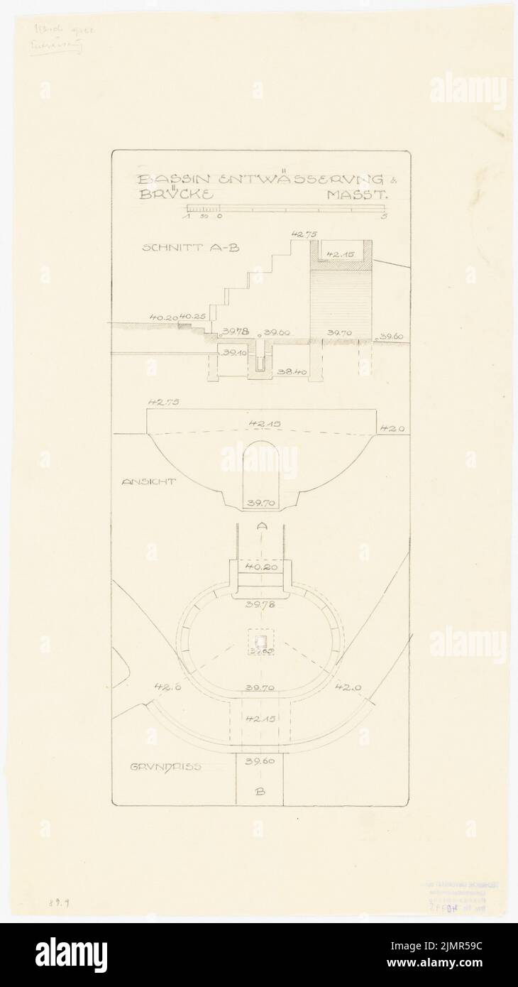 Barth Erwin (1880-1933), Garden Nasch à Berlin-Grunewald (1924) : coupe longue distance à travers le bassin avec drainage et pont, vue sur le pont, plan d'étage du bassin avec pont et coup de feu 1:50, échelle. Crayon sur transparent, 55,9 x 31,4 cm (y compris les bords de balayage) Barth Erwin (1880-1933): Garten Nasch, Berlin-Grunewald Banque D'Images