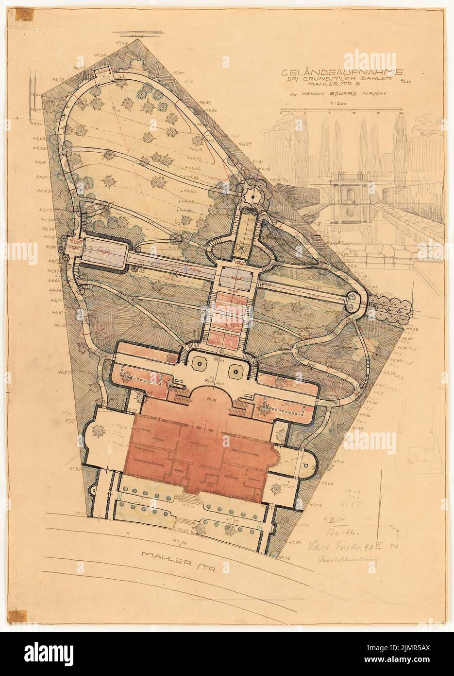 Barth Erwin (1880-1933), Garden Nasch à Berlin-Grunewald (04.06.1924): Réflexion avec plan de rez-de-chaussée de la maison, dessin de la conception du jardin 1: 200, vue perspective. Crayon, couleur encre, aquarelle, au-dessus d'une rupture sur la boîte, 64,7 x 46,5 cm (y compris les bords de balayage) Barth Erwin (1880-1933): Garten Nasch, Berlin-Grunewald Banque D'Images