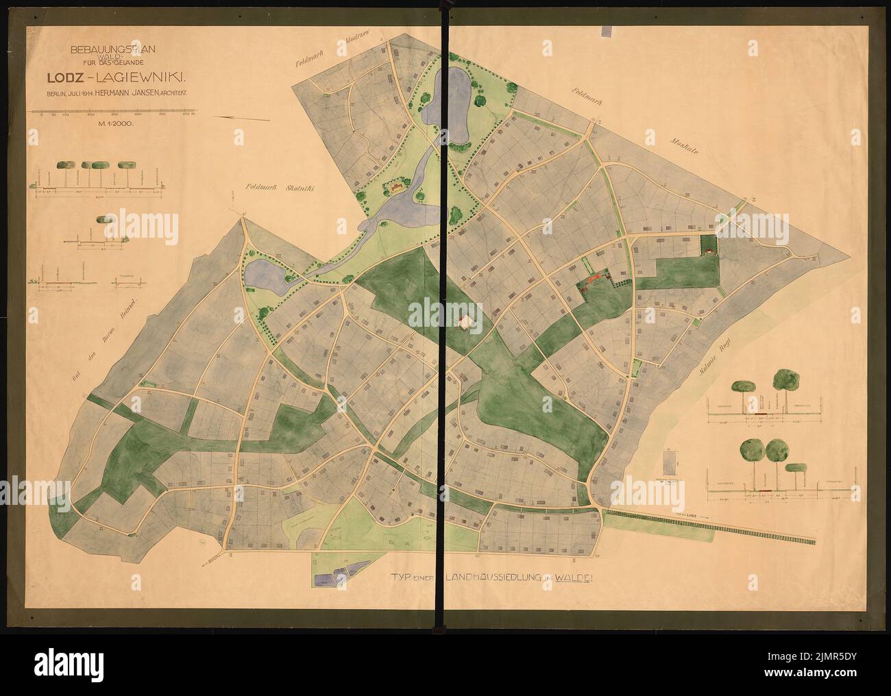 Jansen Hermann (1869-1945), plan de développement de la propriété Lagiewnicki à Lodz (07,1914) : Ministère 1 : profils de chemins 2000 et 6. Tusche aquarelle sur pression sur papier, 132,8 x 186,5 cm (y compris les bords de numérisation) Jansen Hermann (1869-1945): Bebauungsplan des chutes Lagiewnicki, Lodz Banque D'Images