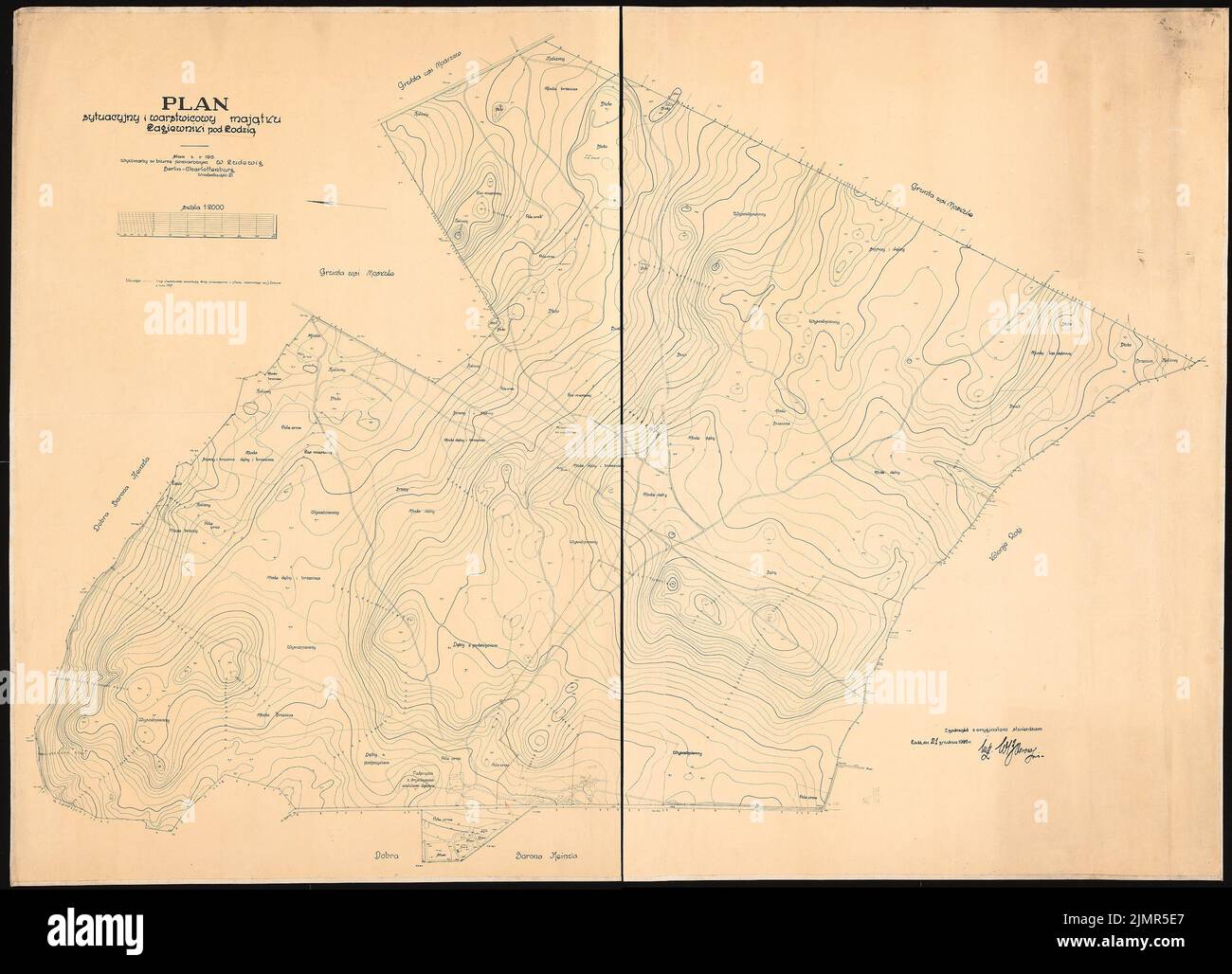 Jansen Hermann (1869-1945), plan de développement du domaine Lagiewnicki près de Lodz. Mémoire (21 décembre 1928) : Grund et plan du site 1 : 2000. Crayon et crayon de couleur sur pression sur papier, 126,7 x 175,6 cm (y compris les bords de numérisation) Jansen Hermann (1869-1945): Bebauungsplan des Gutes Lagiewnicki, Lodz. Mémoire Banque D'Images