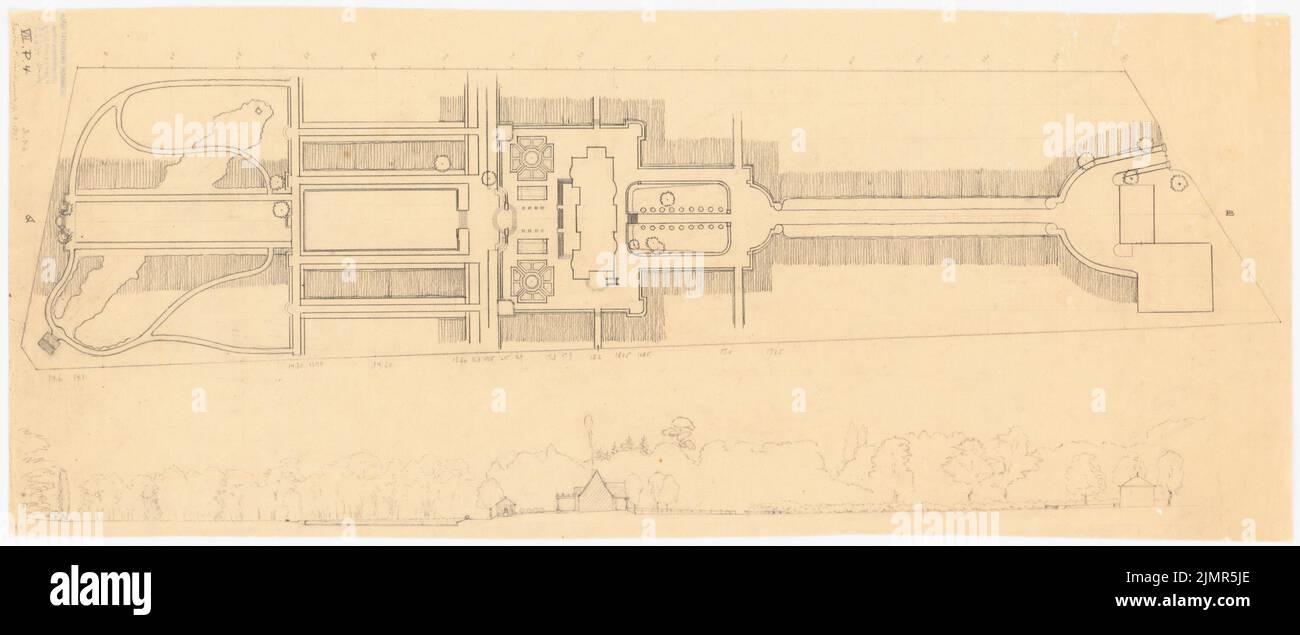 Barth Erwin (1880-1933), Garden of the Lord Pulse à Niendorf près de Hambourg (1913): Plan du jardin en plan d'étage et moyenne 1: 500. Crayon sur transparent, 31,8 x 75,9 cm (y compris les bords de balayage) Barth Erwin (1880-1933): Garten des Herrn Puls, Hamburg-Niendorf Banque D'Images