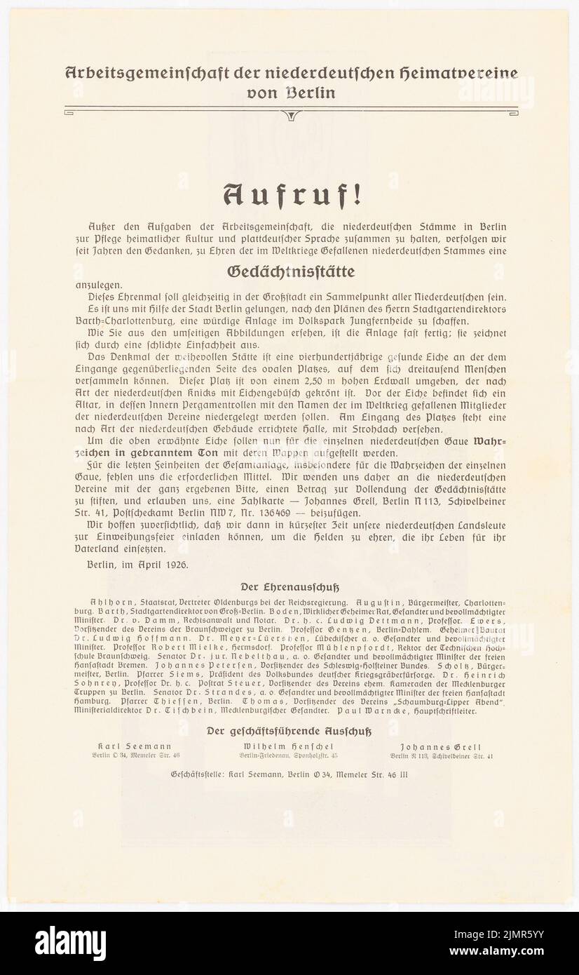 Barth Erwin (1880-1933), Volkspark Jungfernheide à Berlin-Charlottenburg (04,1926): Appel du Groupe de travail des associations de la patrie de Berlin pour créer une mémoire pour le Niede mort pendant la guerre mondiale. Pression sur papier, 34,3 x 21,8 cm (y compris les bords de balayage) Barth Erwin (1880-1933): Volkspark Jungfernheide, Berlin-Charlottenburg Banque D'Images