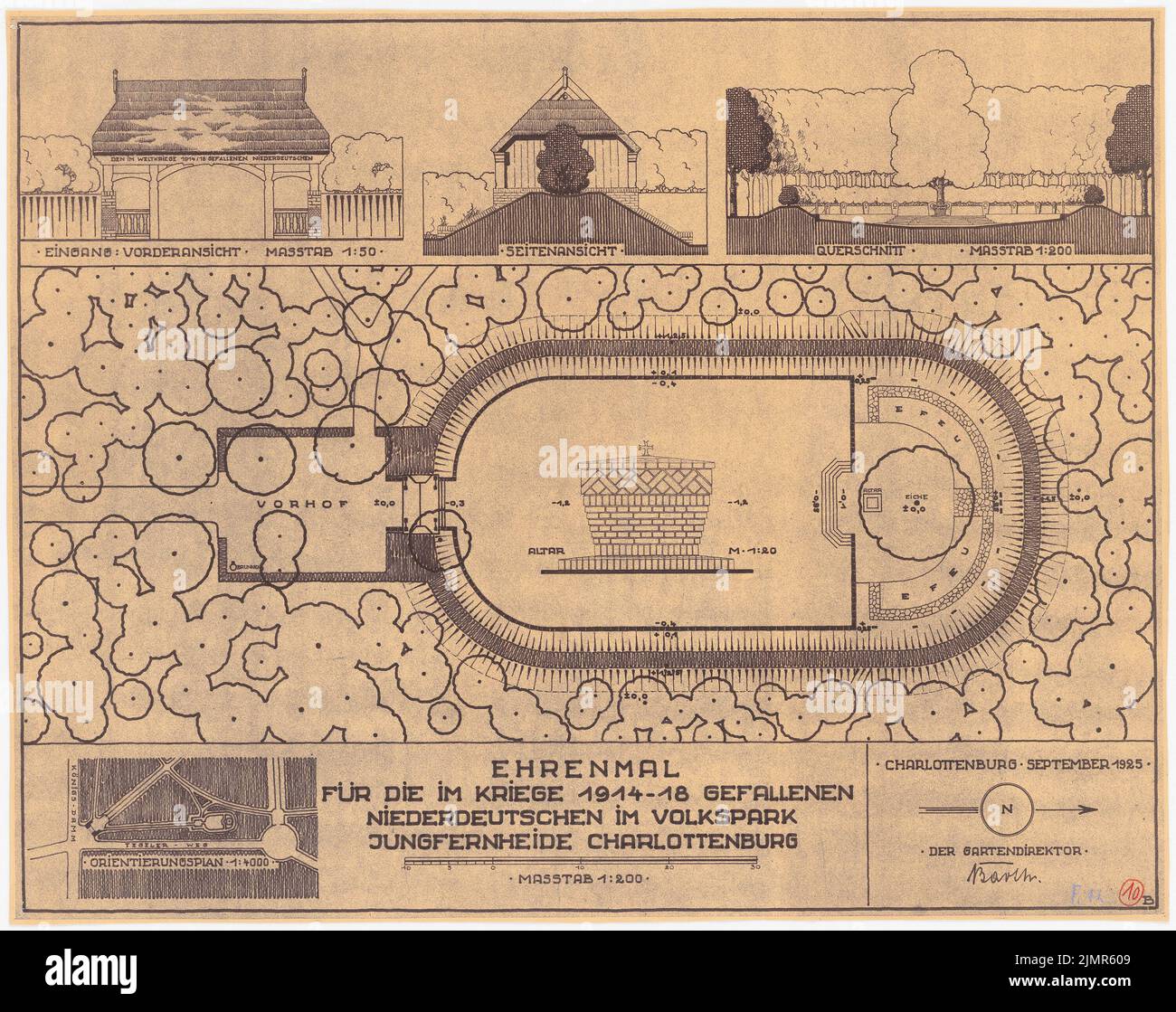 Barth Erwin (1880-1933), Volkspark Jungfernheide à Berlin-Charlottenburg (09,1925): Signification pour les bas Allemands morts dans la guerre 1914-18: gatehouse dans la vue de face et de côté 1:50, plan de coupe et de plancher à travers le total. Rupture légère sur le carton, 52,5 x 66,4 cm (y compris les bords de balayage) Barth Erwin (1880-1933): Volkspark Jungfernheide, Berlin-Charlottenburg Banque D'Images