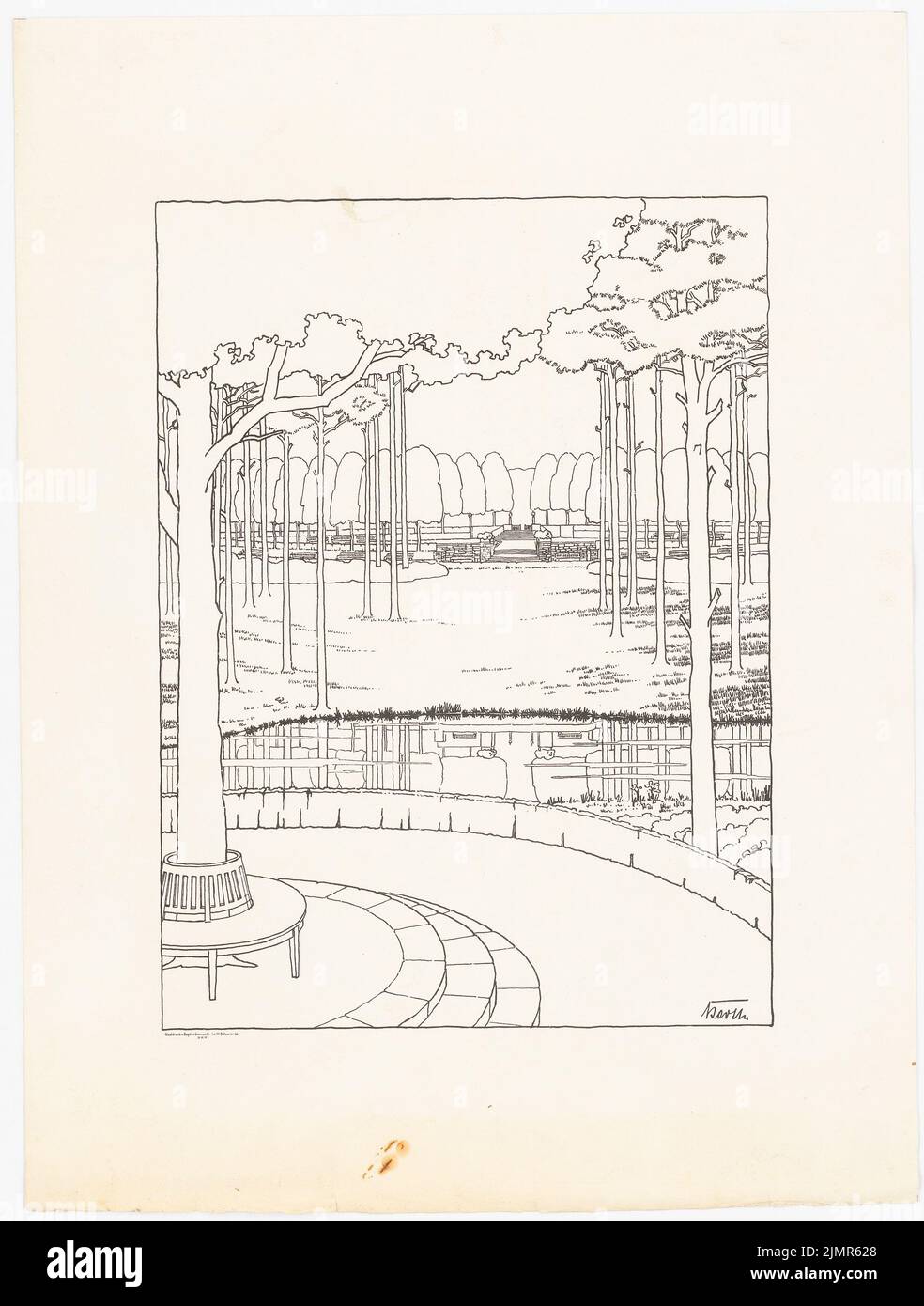 Barth Erwin (1880-1933), Sachsenplatz à Berlin-Charlottenburg. Planification (1913): Vue en perspective avec vue sur le petit temple forestier après la floraison. Pression sur carton, 68,2 x 51,6 cm (y compris les bords de balayage) Barth Erwin (1880-1933): Sachsenplatz, Berlin-Charlottenburg. Plan Banque D'Images