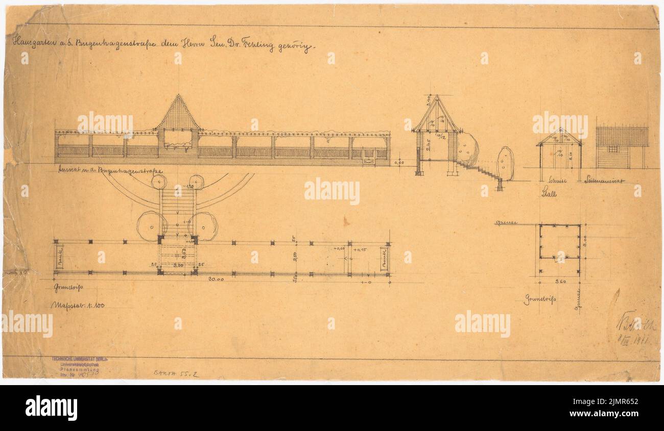 Barth Erwin (1880-1933), sénateur du jardin Dr Fehling à Lübeck (08.03.1911): 1 vue, plan de 1 étages, 1 coupe de l'arcade bordant la rue, 1 vue, moyenne 1, plan de 1 étages d'une écurie 1: 100. Crayon sur transparent, 34,4 x 59,2 cm (y compris les bords de balayage) Barth Erwin (1880-1933): Garten, sénateur Fehling, Lübeck Banque D'Images