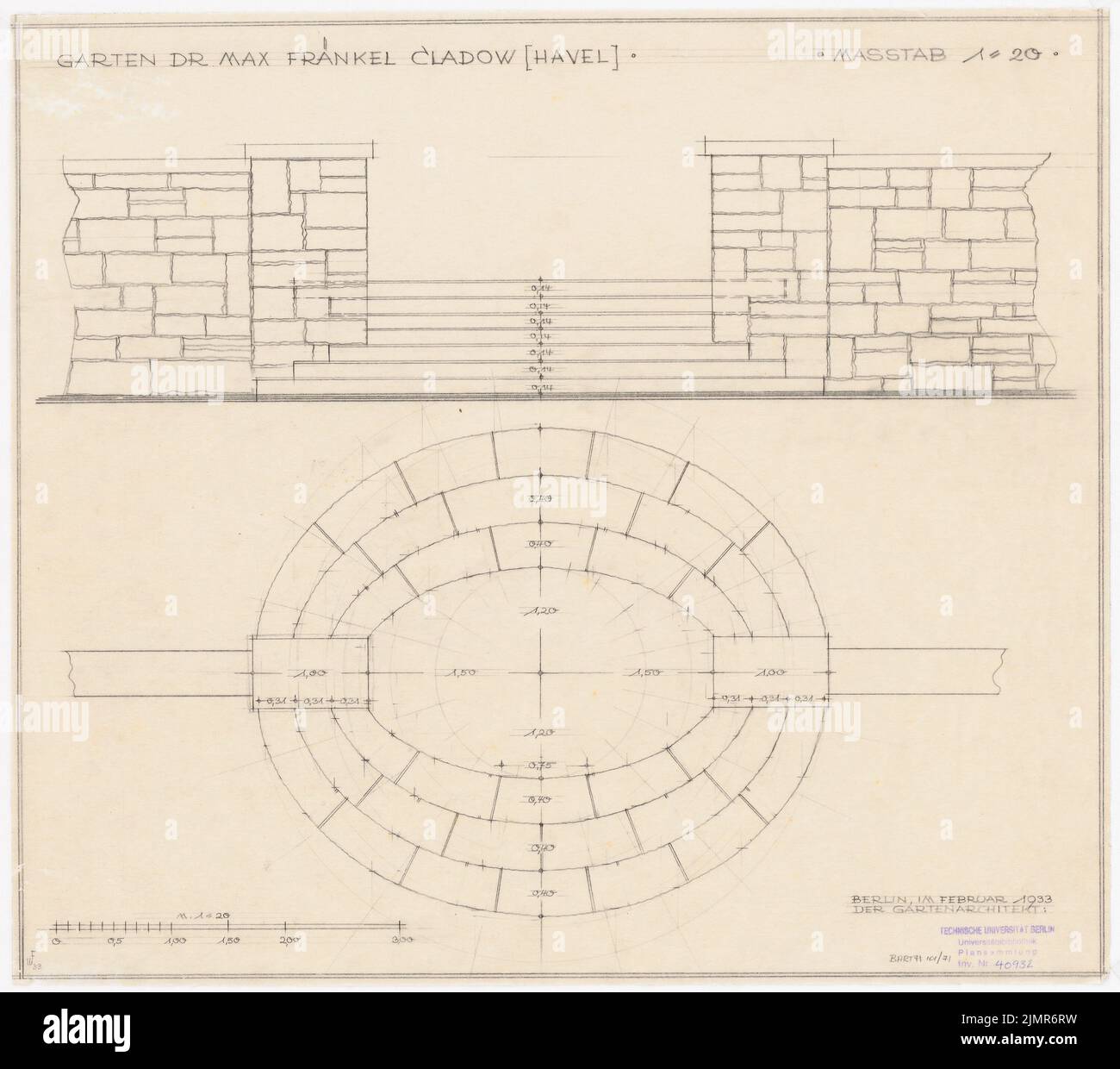 Barth Erwin (1880-1933), jardin Fraenkel à Berlin-Kladow (02,1933): Plan détaillé avec plan d'étage et vue sur l'escalier de la piste augmentée, 1:20. Crayon sur transparent, 42,9 x 48,5 cm (y compris les bords du scan) Barth Erwin (1880-1933): Garten Fraenkel, Berlin-Kladow Banque D'Images