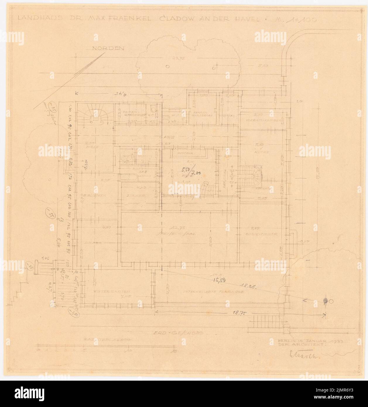 Barth Erwin (1880-1933), jardin Fraenkel à Berlin-Kladow (01,1933): Plan d'étage rez-de-chaussée, 1: 100. Crayon sur le papier, 41,7 x 40,4 cm (y compris les bords de numérisation) Barth Erwin (1880-1933): Garten Fraenkel, Berlin-Kladow Banque D'Images