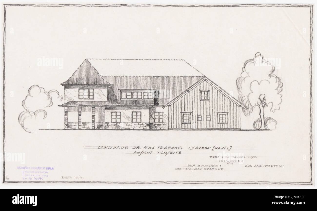 Barth Erwin (1880-1933), jardin Fraenkel à Berlin-Kladow (01,1933) : vue sur la maison. Crayon sur transparent, 25,4 x 42,6 cm (y compris les bords du scan) Barth Erwin (1880-1933): Garten Fraenkel, Berlin-Kladow Banque D'Images