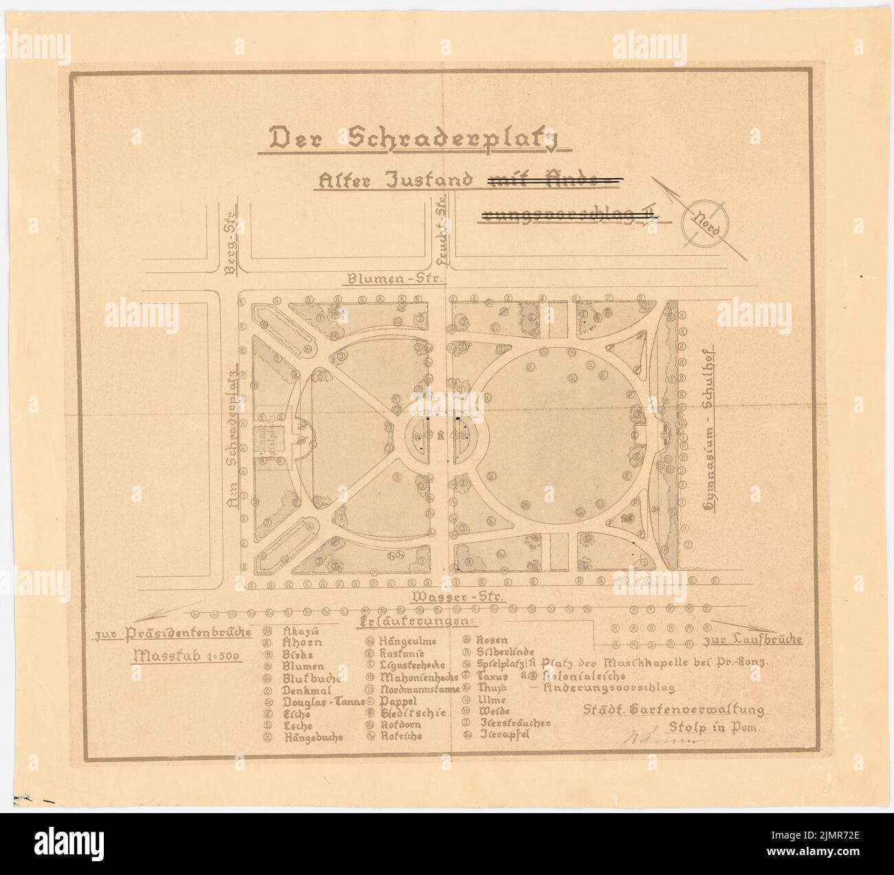 Barth Erwin (1880-1933), Schraderplatz à Stolp (1928): Plan existant: Plan d'étage de la place avant la refonte 1: 500. Tusche aquarelle sur une rupture sur la boîte, 52,6 x 57,8 cm (y compris les bords de balayage) Barth Erwin (1880-1933): Schraderplatz, Stolp Banque D'Images