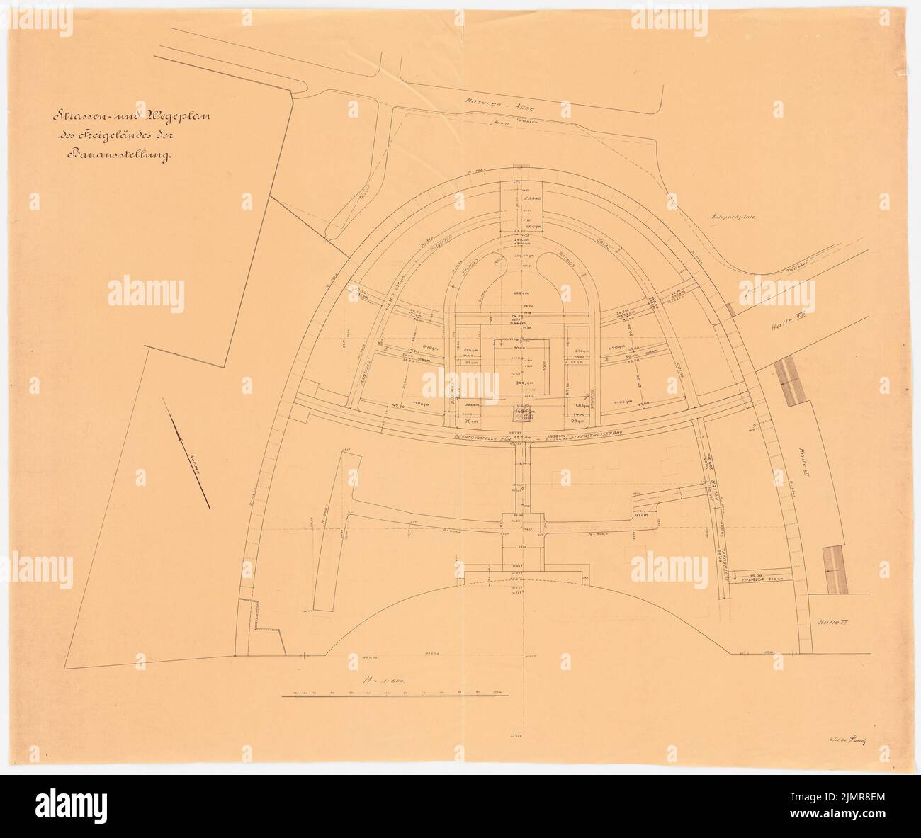 Barth Erwin (1880-1933), espace extérieur de l'exposition du bâtiment allemand à partir de 1931 à Berlin-Charlottenburg (06.11.1930): Plan de route et de chemin du site avec dimension 1: 500, échelle bar. Crayon sur papier, 85 x 101 cm (y compris les bords du scan) Barth Erwin (1880-1933): Freigelände der Deutschen Bauausstellung 1931, Berlin-Charlottenburg Banque D'Images