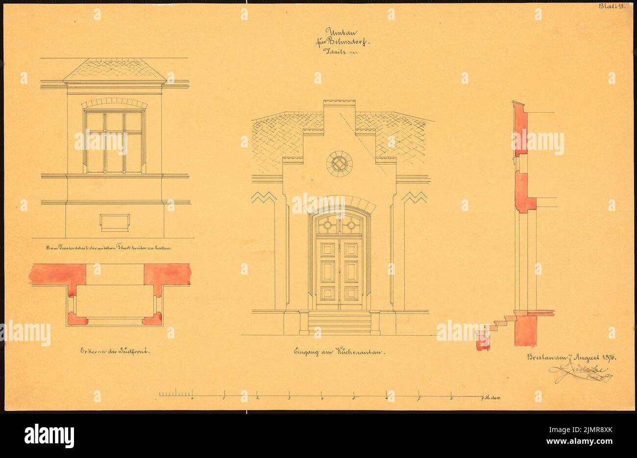 Lüdecke Carl Johann Bogislaw (1826-1894), bâtiment résidentiel majestueux à Belmsdorf. Conversion (07.08.1876): Détails: Rising et entrée verticale sur l'extension de la cuisine, plan d'étage et grand bayer sur le côté sud, échelle barre environ 1:33. Tuche aquarelle sur transparent, 38,5 x 59,2 cm (y compris les bords de balayage) Lüdecke Carl Johann Bogislaw (1826-1894): Herrschaftliches Wohnhaus, Belmsdorf. Umbau Banque D'Images