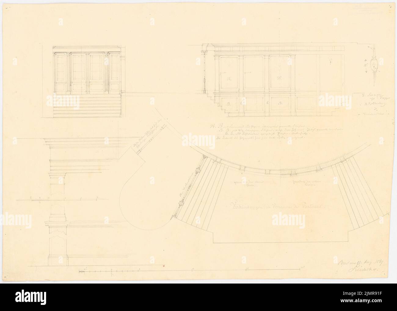 Lüdecke Carl Johann Bogislaw (1826-1894), théâtre de Wroclaw. Reconstruction (15 août 1867) : opération du rez-de-chaussée : plan de sol, 2 déchirures murales, découpe verticale murale, 2 bandes d'échelle. Crayon et encre sur carton, 43,6 x 61 cm (y compris les bords de balayage) Lüdecke Carl Johann Bogislaw (1826-1894): Théâtre, Breslau. Wiederaufbau Banque D'Images