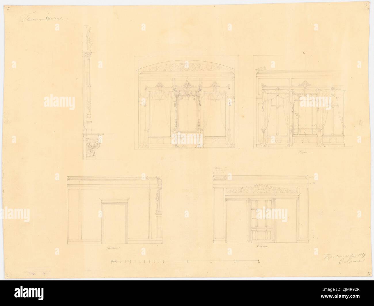 Lüdecke Carl Johann Bogislaw (1826-1894), théâtre de Wroclaw. Reconstruction (20 juillet 1867): Rising the murals in foyer (fenêtre, miroir) et Vestibül (caisse enregistreuse, porte), vue latérale du foyer miroir mural, barre d'échelle. Crayon et encre sur carton, 48,9 x 65,3 cm (y compris les bords de balayage) Lüdecke Carl Johann Bogislaw (1826-1894): Théâtre, Breslau. Wiederaufbau Banque D'Images