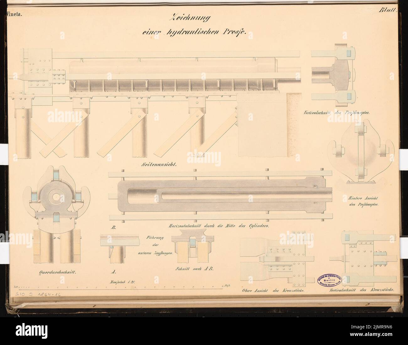 Büttner Carl, chantier naval pour les navires marchands à l'embouchure d'une rivière sans marées. Concours Schinkel 1864 (1864) : quai hydraulique, presse : vue latérale RISS, coupe horizontale, coupe transversale, détails 1:20 ; barre d'échelle. Tuche aquarelle sur la boîte, 51,4 x 66 cm (y compris les bords de balayage) Büttner Carl : Werft für Handelsschiffe an einer Flussmündung ohne Gezeiten. Schinkelwettbewerb 1864 Banque D'Images