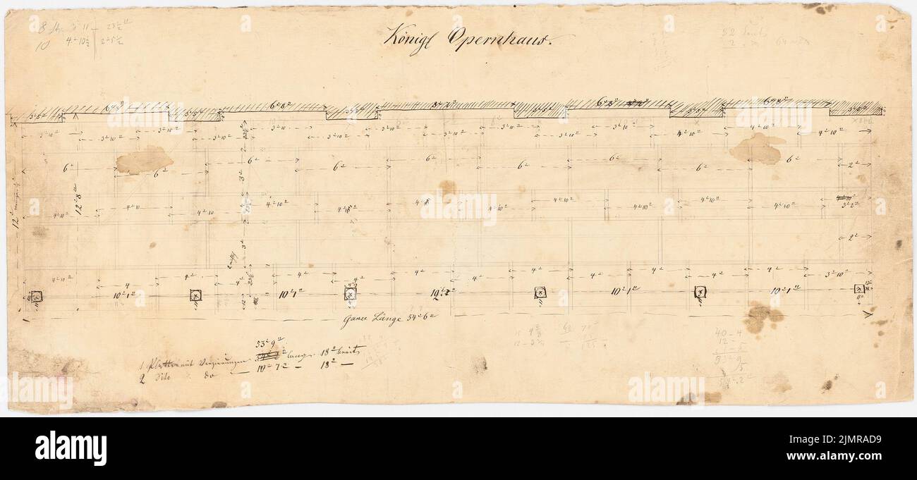 Langhans Carl Gotthard (1732-1808), Opéra royal de Berlin. Conversion (1742) : répartition de la plaque de plancher (où ?). Encre, crayon sur papier, 34,6 x 76,1 cm (y compris les bords de numérisation) Langhans Carl Gotthard (1732-1808): Königliche Oper, Berlin. Umbau Banque D'Images