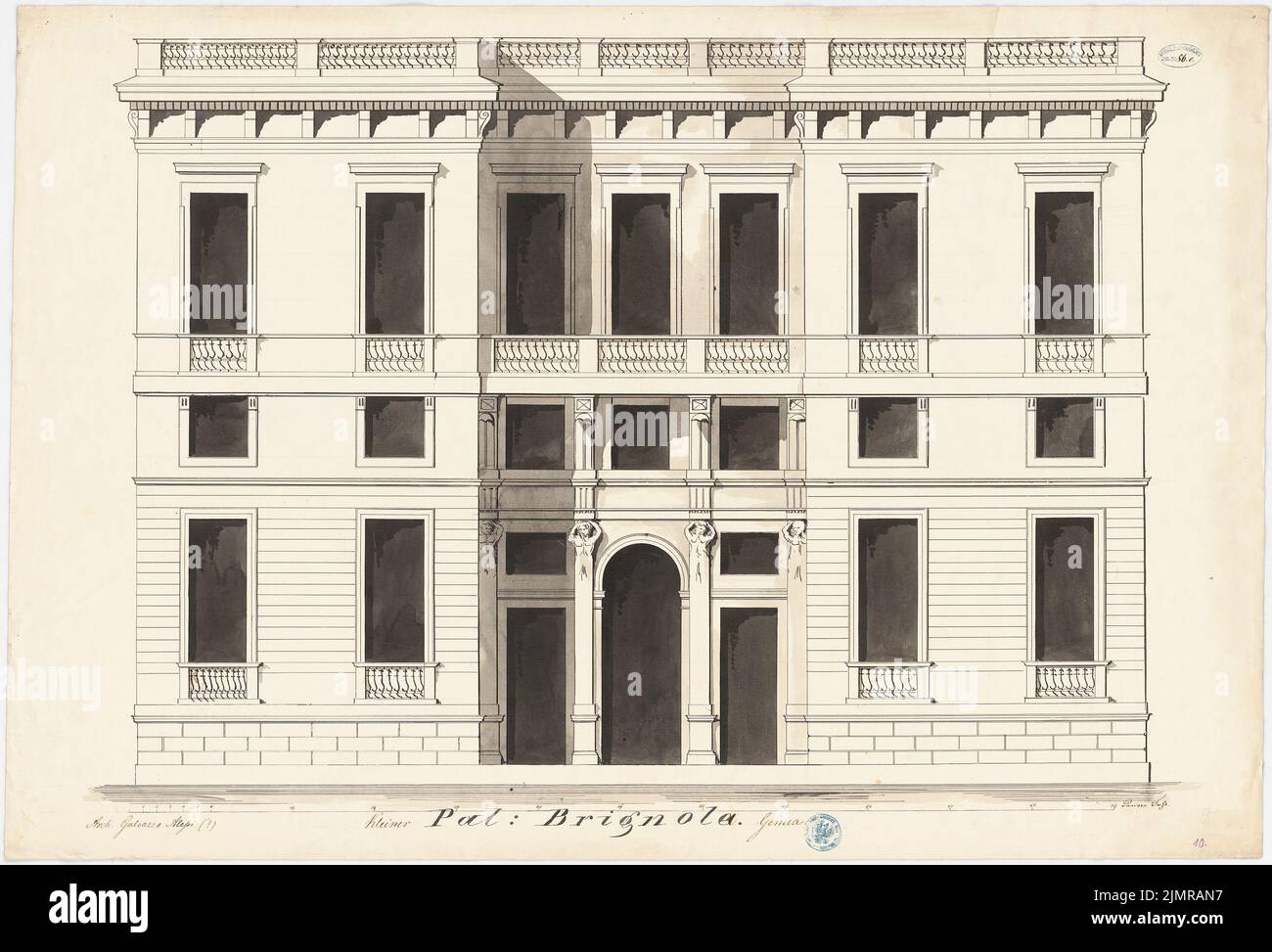 Messow Eduard, Palazzo Brignola à Gênes (sans DAT.): Vue de façade, référence à pied parisien. Tuche aquarelle sur papier, 64,5 x 94,9 cm (y compris les bords de numérisation) Messow Eduard : Palazzo Brignola, Genua Banque D'Images