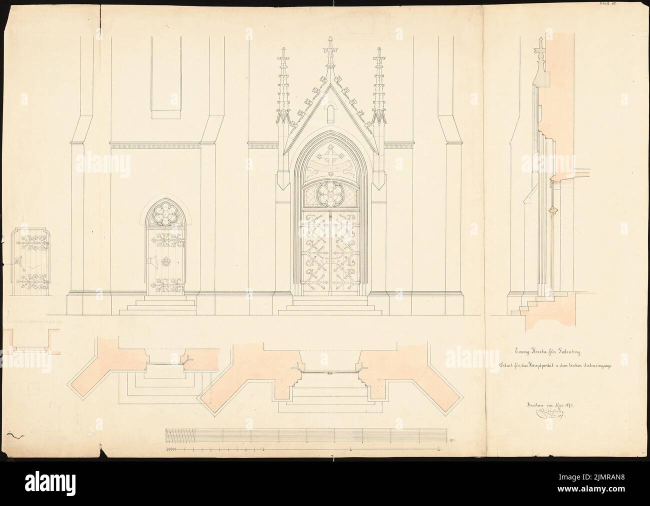 Lüdecke Carl Johann Bogislaw (1826-1894), Eglise évangélique de Festenberg (05,1874): Aufans, 3 plans d'étage et coupe du portail principal et deux entrées latérales, barre d'échelle. Encre et crayon aquarelle sur la boîte, 65,9 x 92,9 cm (y compris les bords de balayage) Lüdecke Carl Johann Bogislaw (1826-1894): Evangelische Kirche, Festenberg Banque D'Images