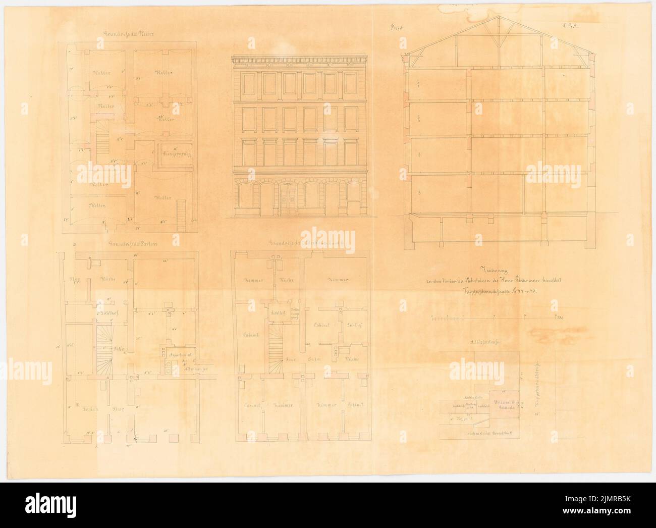 Lüdecke Carl Johann Bogislaw (1826-1894), Maisons Platzmann, Breslau. Conversion (sans dat.): Grundriss Keller, rez-de-chaussée, 1st - 3rd étage, pelouse, section transversale, plan du site, échelle (pied rhl.). Tuche aquarelle sur la boîte, 48,3 x 65,7 cm (y compris les bords de balayage) Lüdecke Carl Johann Bogislaw (1826-1894): Wohnhäuser Platzmann, Breslau. Umbau Banque D'Images