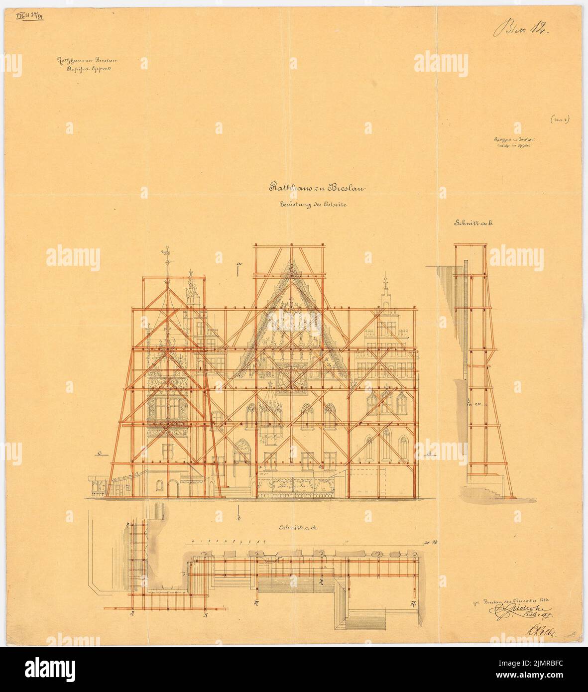 Lüdecke Carl Johann Bogislaw (1826-1894), hôtel de ville de Wroclaw. Conversion (08.12.1883): Rising, coupe partielle et plan d'étage partiel de la façade est équipée (?), barre d'échelle. Encre, crayon, encre couleur, aquarelle sur transparent, 67,5 x 61,4 cm (y compris les bords de balayage) Lüdecke Carl Johann Bogislaw (1826-1894): Rathaus, Breslau. Umbau Banque D'Images