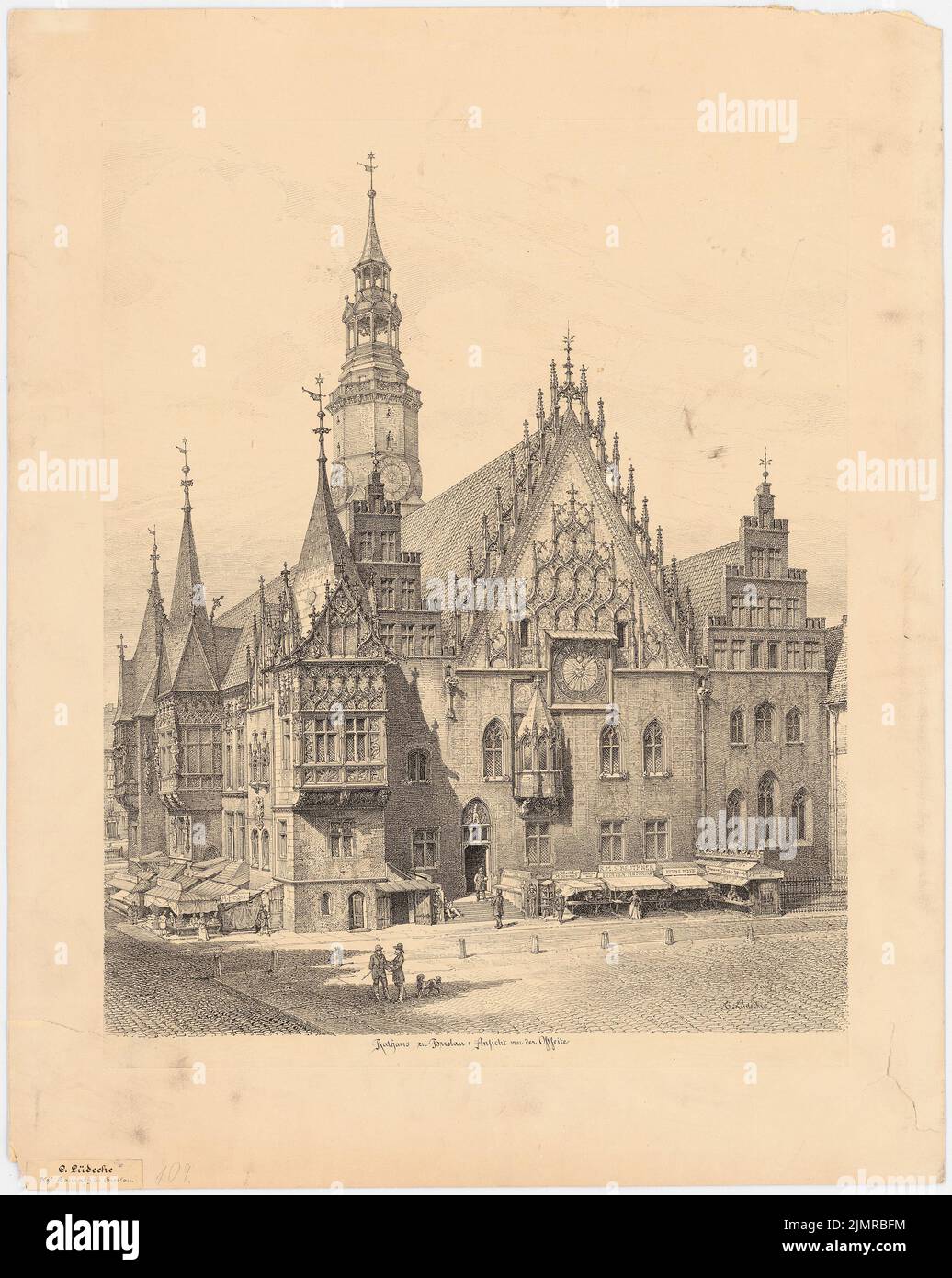 Lüdecke Carl Johann Bogislaw (1826-1894), hôtel de ville de Wroclaw. Conversion (1858-1858) : vue en perspective du sud-est. Encre, crayon blanc chiné sur papier, 73,7 x 58,8 cm (y compris les bords de numérisation) Lüdecke Carl Johann Bogislaw (1826-1894): Rathaus, Breslau. Umbau Banque D'Images