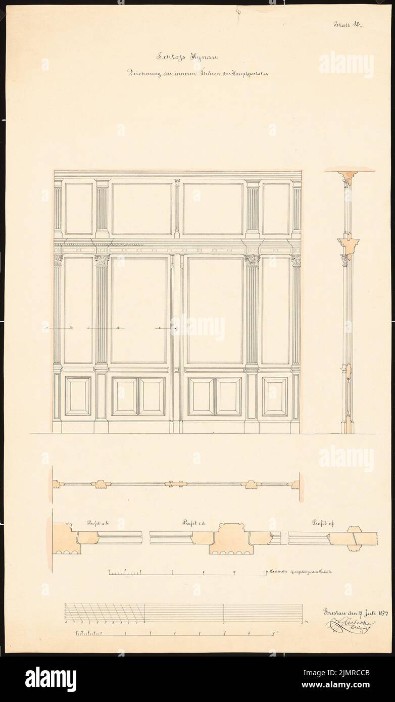 Lüdecke Carl Johann Bogislaw (1826-1894), Château de Kynau. Conversion (07/17/1874): Porte intérieure: Déchirure, plan de sol et coupes, 3 bandes d'échelle (décimètre, mètre et pied). Tuche aquarelle sur la boîte, 69 x 41,5 cm (y compris les bords de balayage) Lüdecke Carl Johann Bogislaw (1826-1894): Schloss Kynau. Umbau Banque D'Images