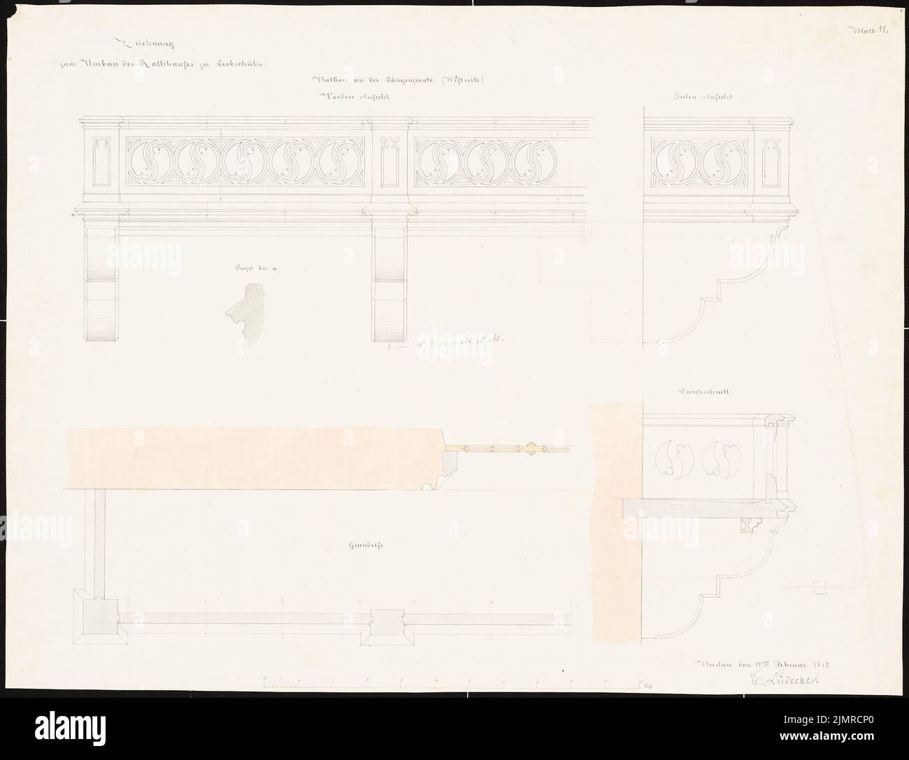 Lüdecke Carl Johann Bogislaw (1826-1894), hôtel de ville de Leobschütz. Conversion (14.02.1863): Balcon sur le côté long: 2 coupures, déchirures de l'avant et du plan d'étage, barre d'échelle (pied). Encre et crayon aquarelle sur la boîte, 53,2 x 69,3 cm (y compris les bords de balayage) Lüdecke Carl Johann Bogislaw (1826-1894): Rathaus, Leobschütz. Umbau Banque D'Images