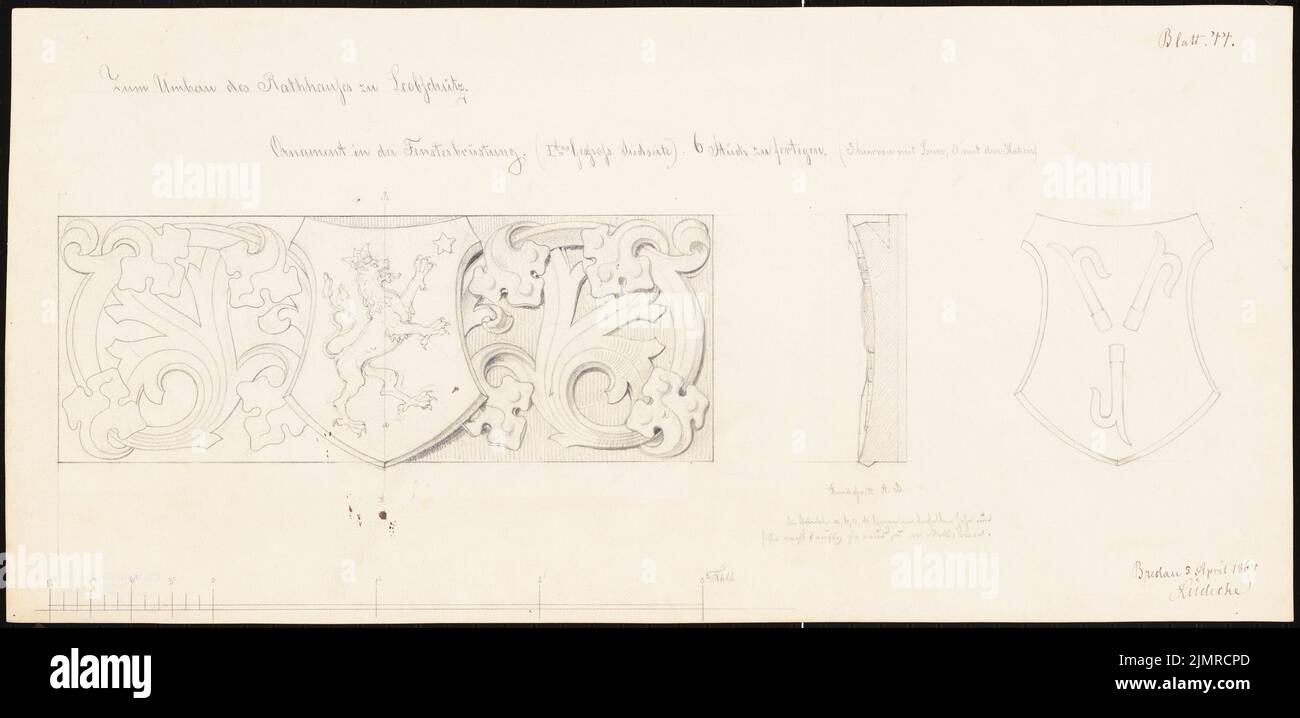 Lüdecke Carl Johann Bogislaw (1826-1894), hôtel de ville de Leobschütz. Conversion (05.04.1864): Ornement dans les fenêtres sur le côté sud du 1st étage (motif lion et crochet), coupé, barre d'échelle (pied Rhld.). Crayon sur carton, 30,4 x 62,8 cm (y compris les bords de balayage) Lüdecke Carl Johann Bogislaw (1826-1894): Rathaus, Leobschütz. Umbau Banque D'Images