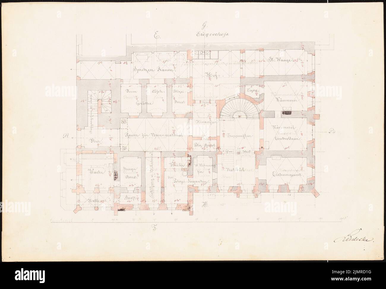 Lüdecke Carl Johann Bogislaw (1826-1894), hôtel de ville de Leobschütz. Conversion (1863-1863): Plan d'étage rez-de-chaussée, échelle (pied). Encre, crayon, couleur encre, aquarelle sur carton, 33 x 48,6 cm (y compris les bords de balayage) Lüdecke Carl Johann Bogislaw (1826-1894): Rathaus, Leobschütz. Umbau Banque D'Images