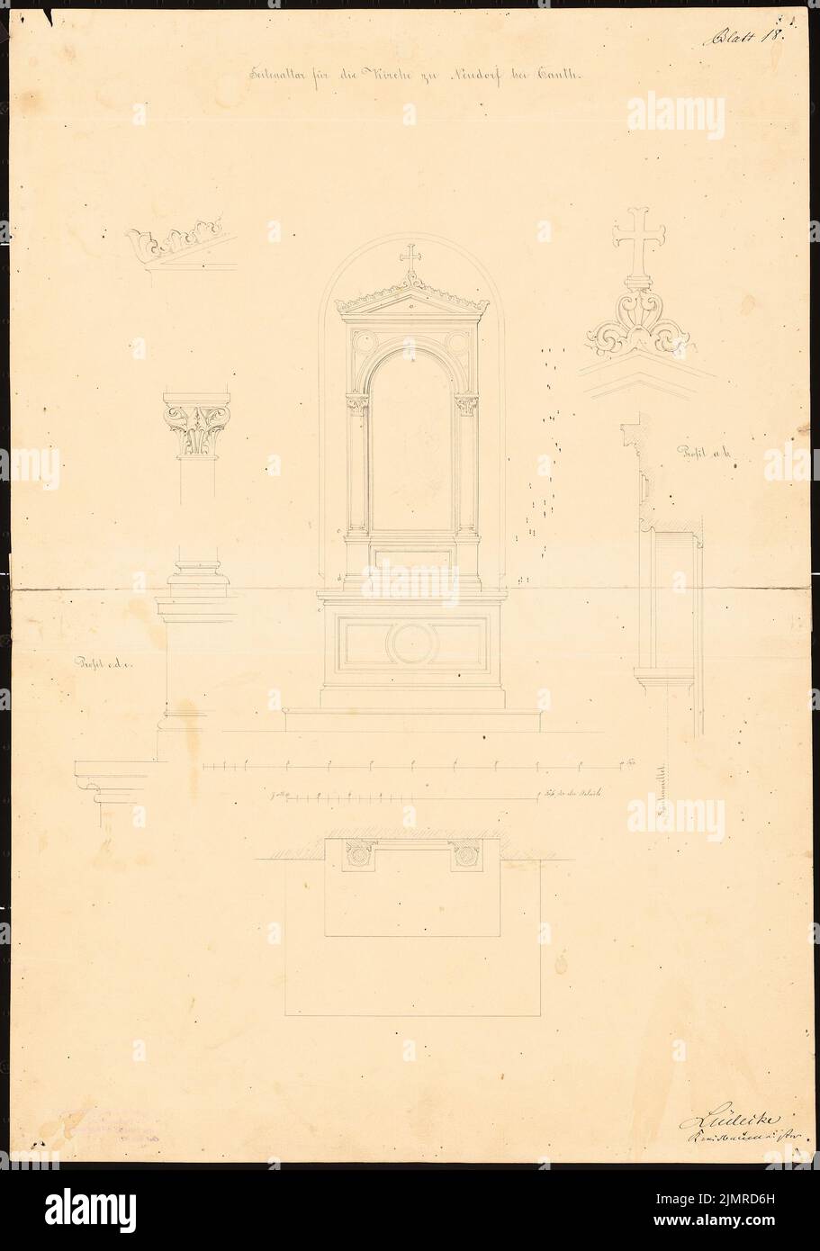 Lüdecke Carl Johann Bogislaw (1826-1894), Église catholique de Neudorf près de Kanth (1858) : autel latéral dans le plan d'étage, vue et coupes, profil, profil CDE, détails, bandes de graduation (pied). Crayon et encre sur carton, 53 x 37,2 cm (y compris les bords de balayage) Lüdecke Carl Johann Bogislaw (1826-1894): Katholische Kirche, Neudorf BEI Kanth Banque D'Images