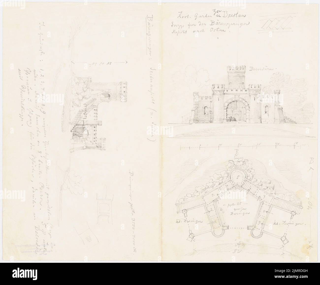 Lüdecke Carl Johann Bogislaw (1826-1894), jardin zoologique de Wroclaw. Bärenzwinger (1863-1863) : plan du site (= plan d'étage), vue du sud et de l'est, échelle, calcul des coûts. Crayon sur papier, 34,8 x 42,5 cm (y compris les bords de balayage) Lüdecke Carl Johann Bogislaw (1826-1894): Zoologischer Garten, Breslau. Bärenzwinger Banque D'Images