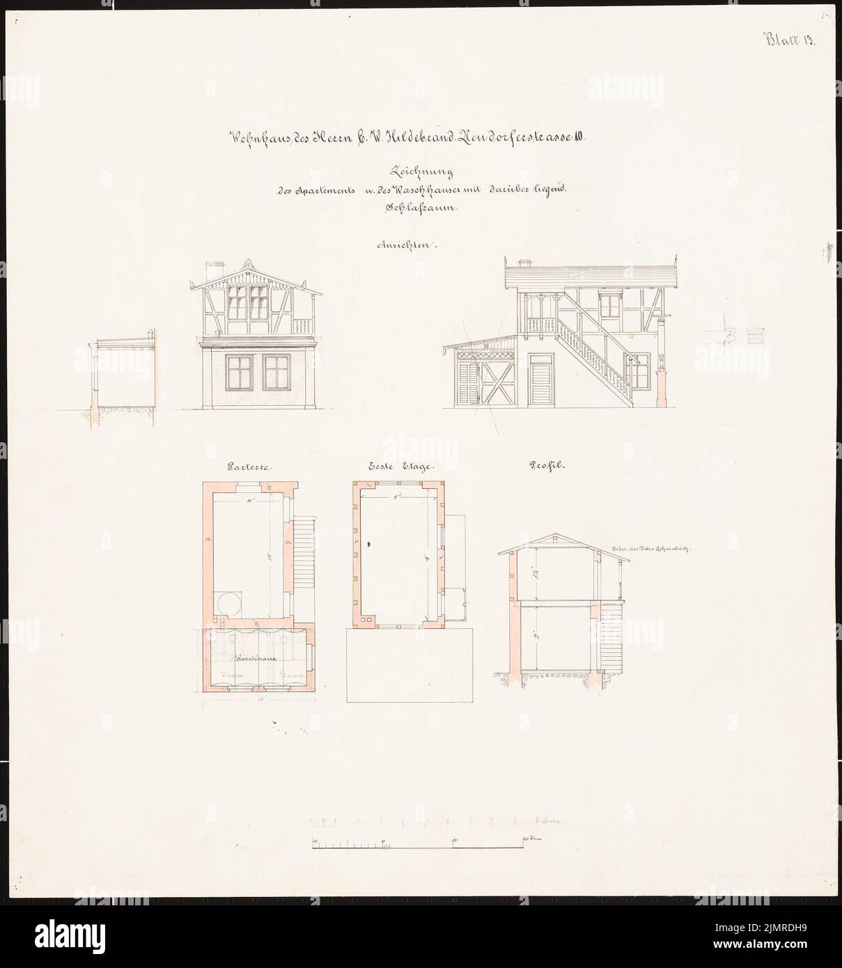 Lüdecke Carl Johann Bogislaw (1826-1894), Hildebrandt immeuble résidentiel avec un restaurant, Breslau (1871-1871): Lave-linge, toilettes, chambre à coucher ci-dessus mentionnée: Plan d'étage parterre, 1st étage, 2 récupération, coupe, échelle (mètre, pied). Encre et crayon aquarelle sur la boîte, 50,8 x 47,2 cm (y compris les bords de balayage) Lüdecke Carl Johann Bogislaw (1826-1894): Wohnhaus Hildebrandt mit Gaststätte, Breslau Banque D'Images